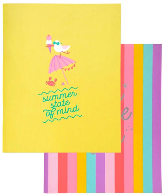 Geel schrift met een illustratie van een vogel met zonnebril en paraplu, en de tekst 'summer state of mind'. Naast gestreepte vellen.