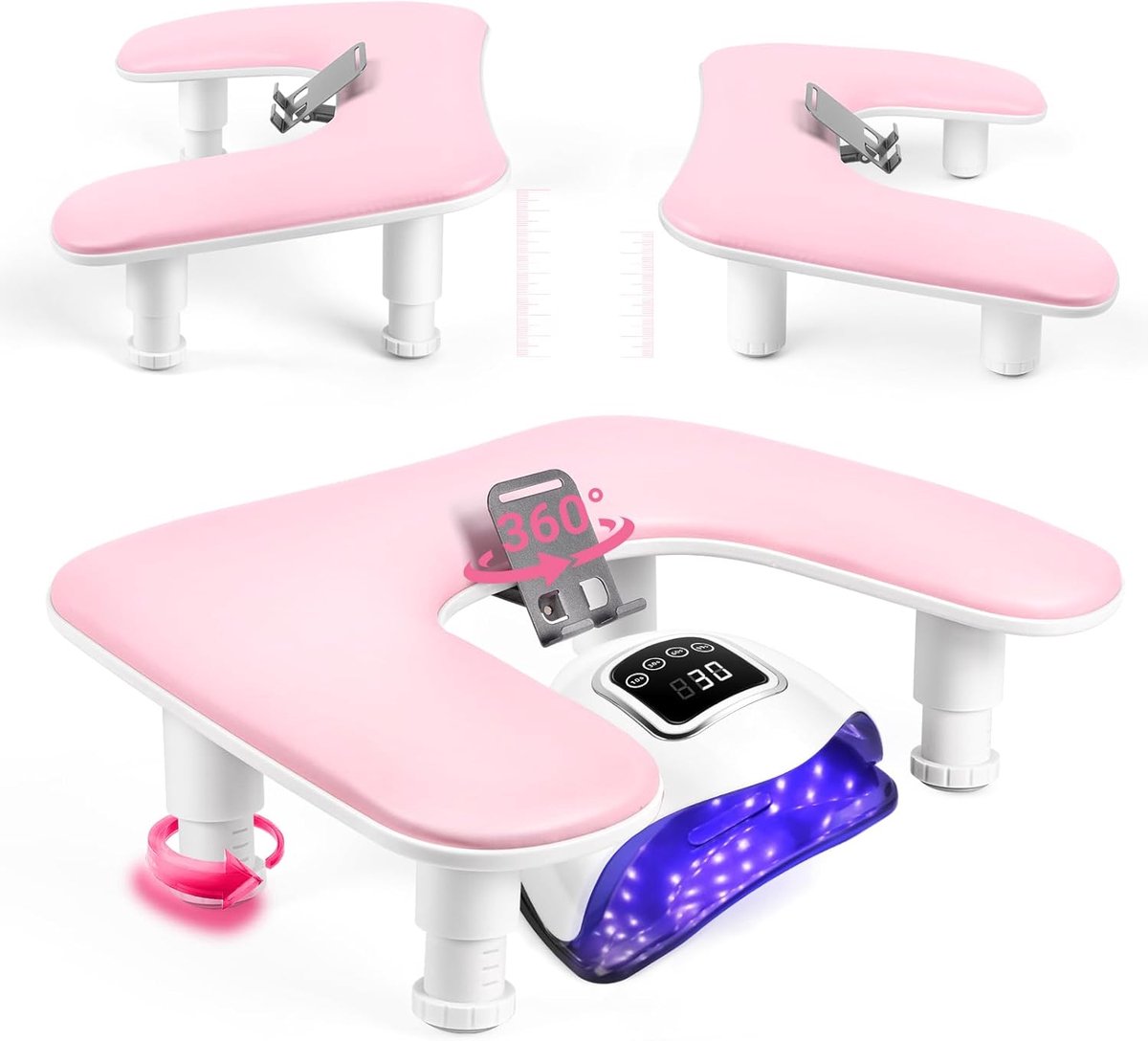 Handsteun Voor Manicure: In Hoogte Verstelbare Armleuning Voor Manicure met Telefoonhouder Comfortabele Beschermhoes Van PU-Leer Voor Manicure Thuis Salon - Roze
