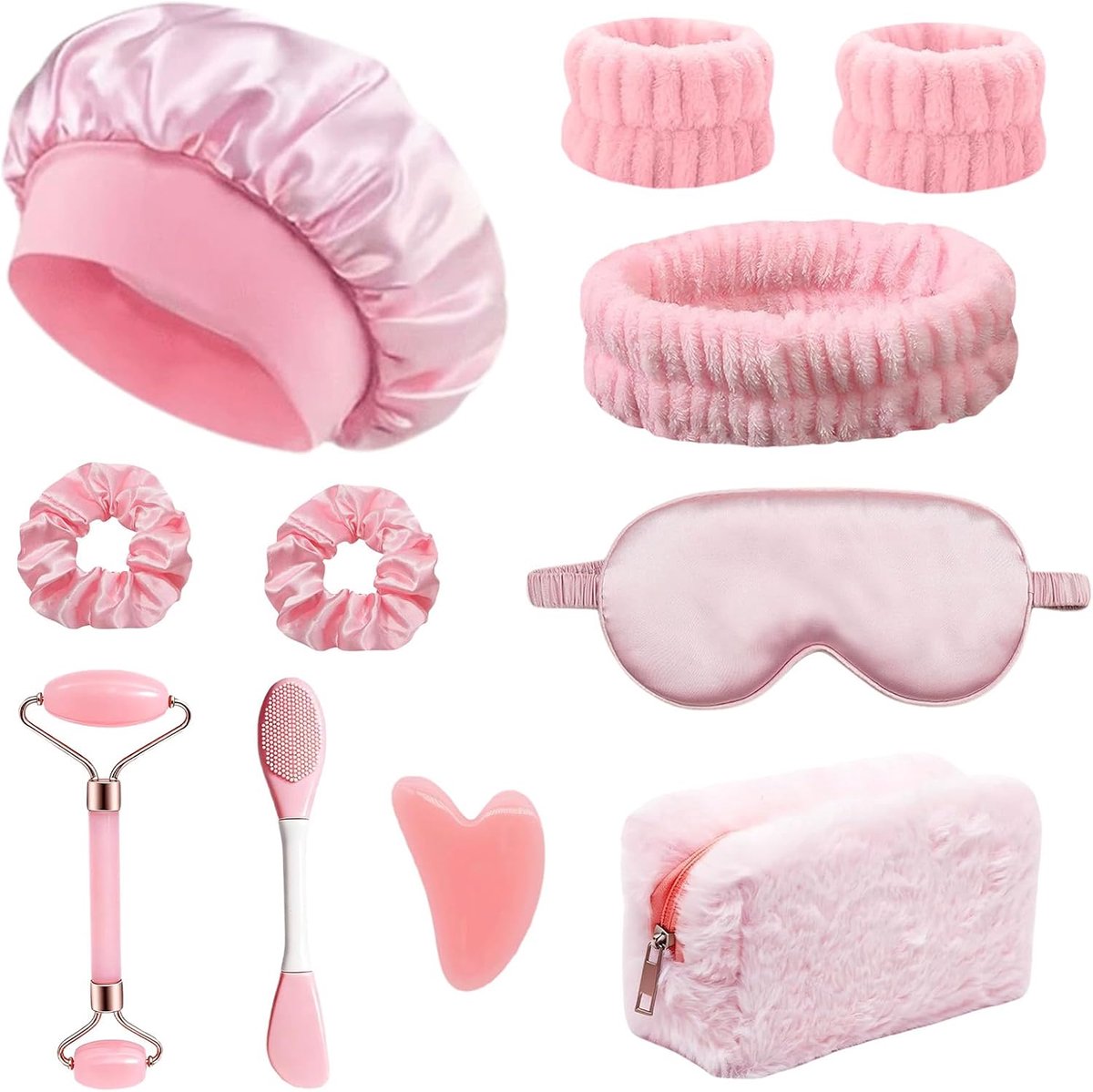 11-delige guasha set, guasha steen, rozenkwarts gezichtsroller | cosmetica tas, haarband, massagesteen, ontspanningscadeau voor vrouwen