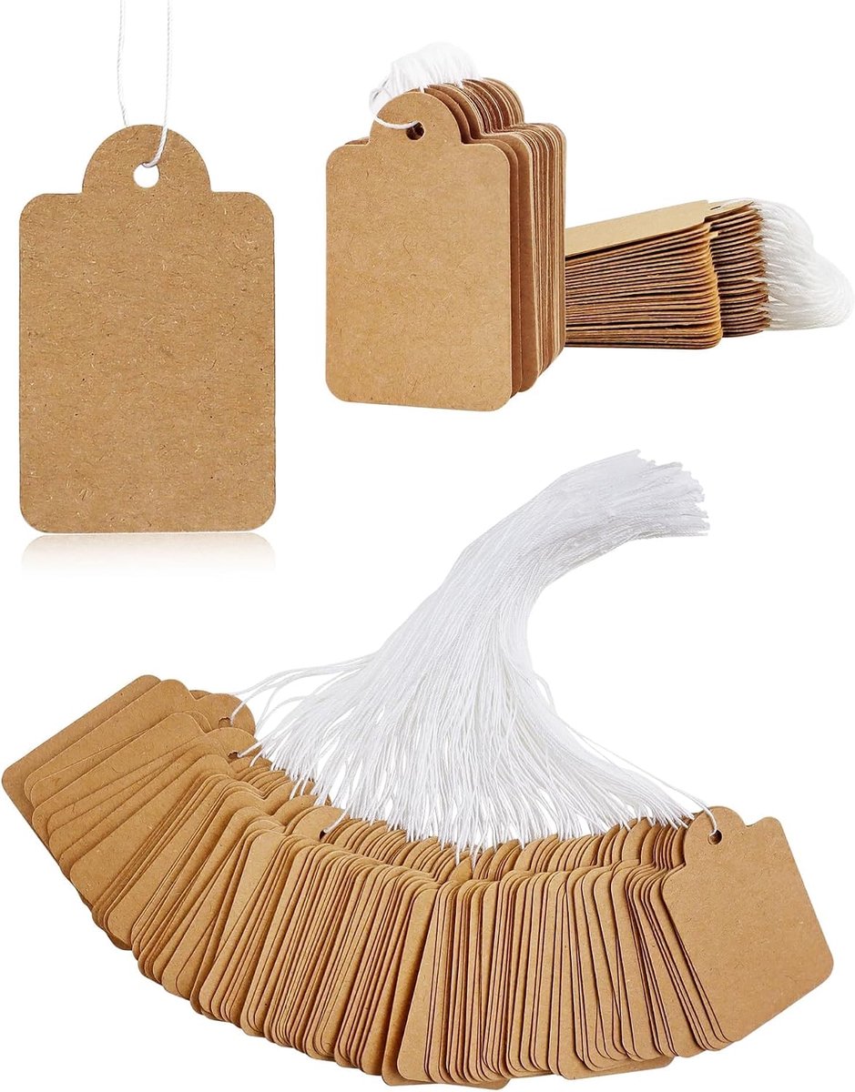 500 stuks prijskaarten met lijn 2,8 x 4,5 cm, gepersonaliseerde etiketten voor gastgeschenken, lege etiketten van papier voor het markeren van sieraden, kleding (bruin)