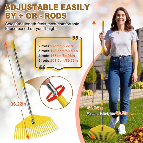 Tuinbladhark voor bladeren - 42 cm brede nylon plastic kop, 201,5 cm verstelbaar lichtgewicht handvat voor vrouwen, senioren kinderen, 23 flexibele gazonvriendelijke tanden voor gras, dennennaald — afbeelding 4