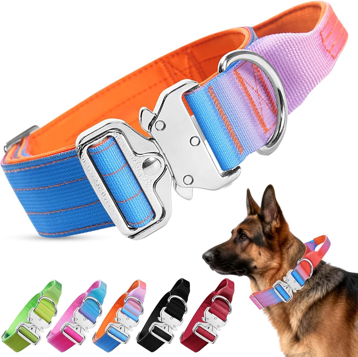 hondenhalsband, verstelbaar, nylon, met bedieningsgreep, hondenhalsband met metalen gesp, voor middelgrote en grote honden (kleurverloop oranje, paars en blauw, XL)