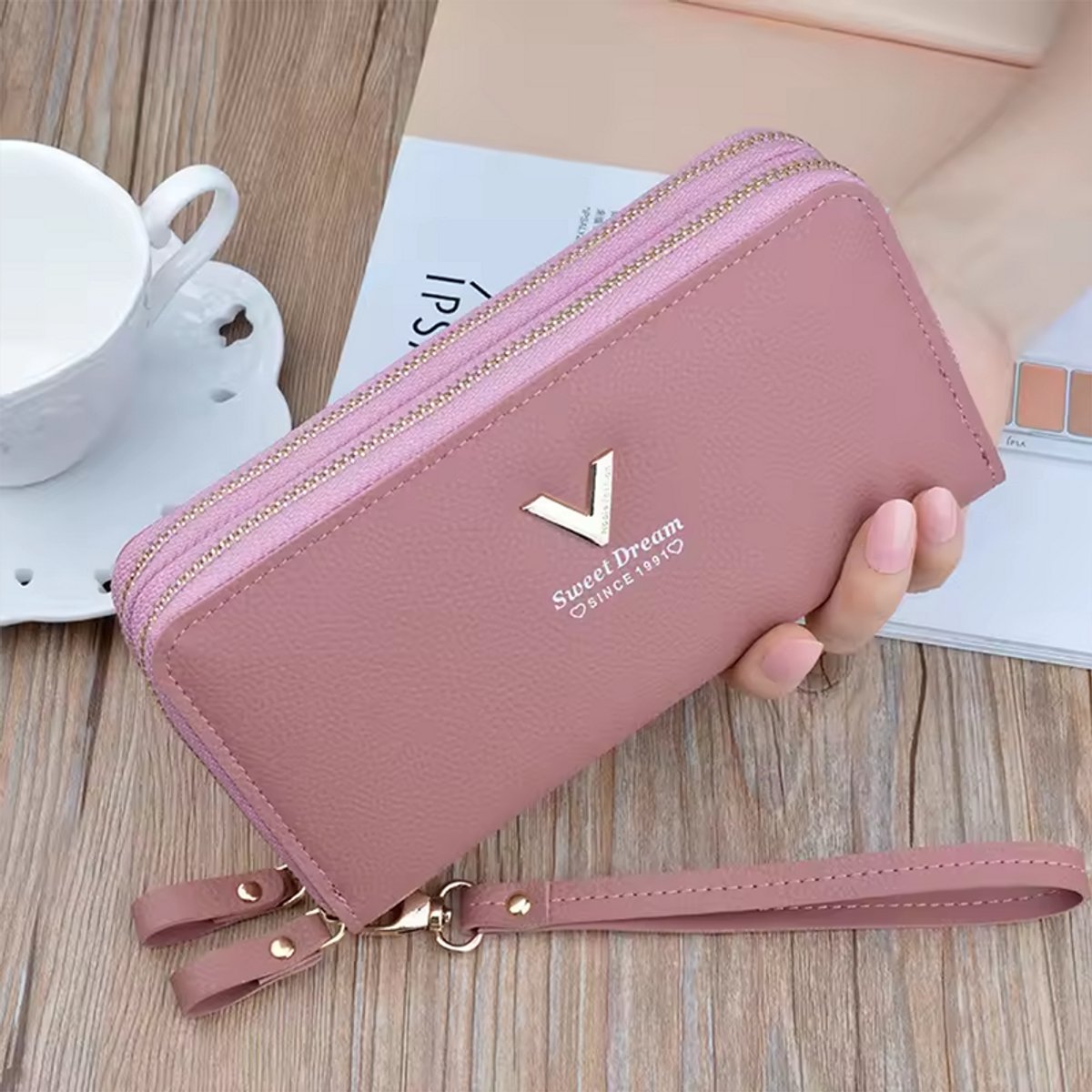 KZQ Dames Portemonnee - Dubbele Ritssluiting - Grote Capaciteit - Met Meerdere Kaartvakken - Geschikt Als Clutch En Telefoonhouder - Roze