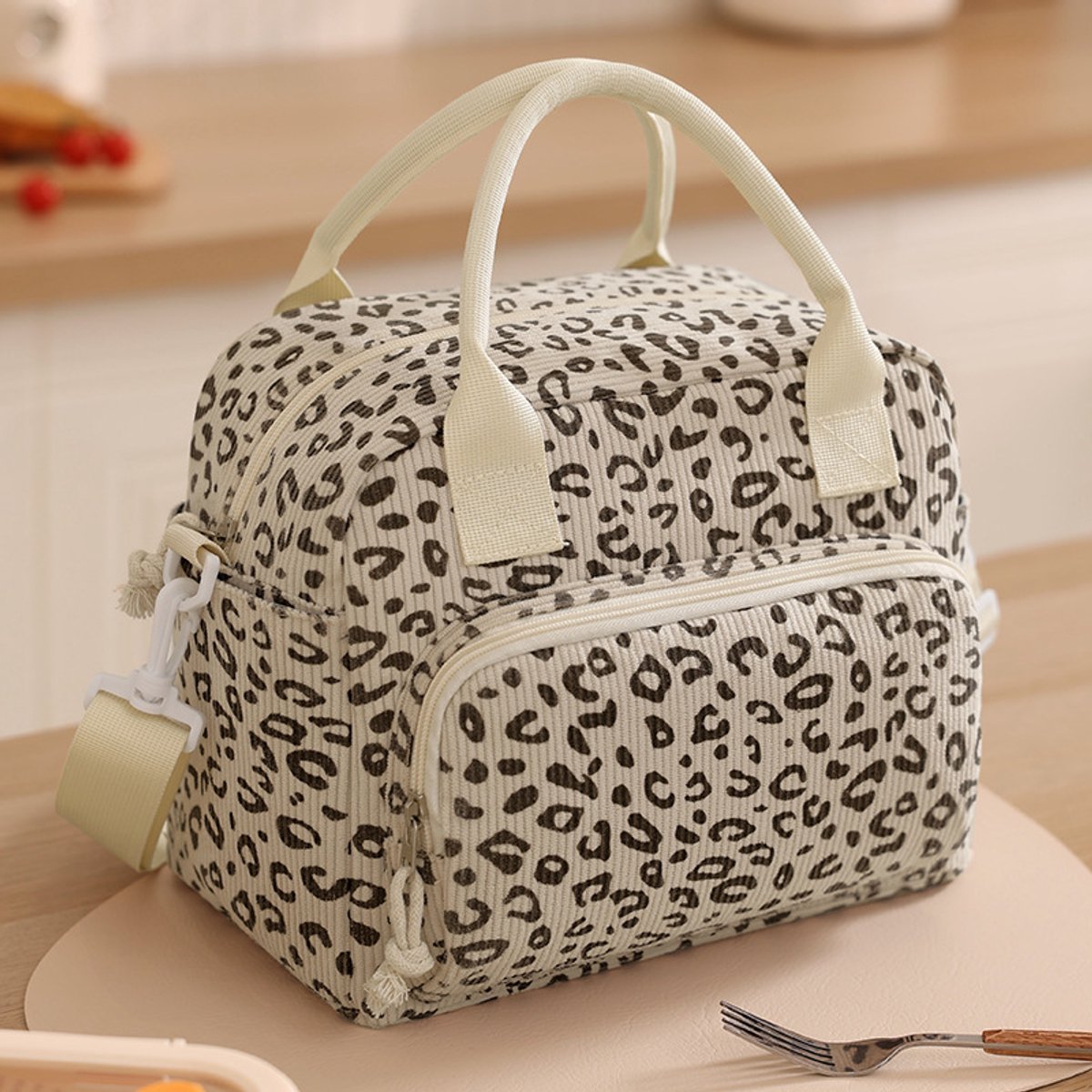 Geïsoleerde lunchtas in Japanse stijl – een prachtige geïsoleerde lunchtas, een lunchtas met aluminiumfolie, een geïsoleerde lunchbox, geschikt voor werk, school, picknicks en andere gelegenheden,Vierkant beige met luipaardprint