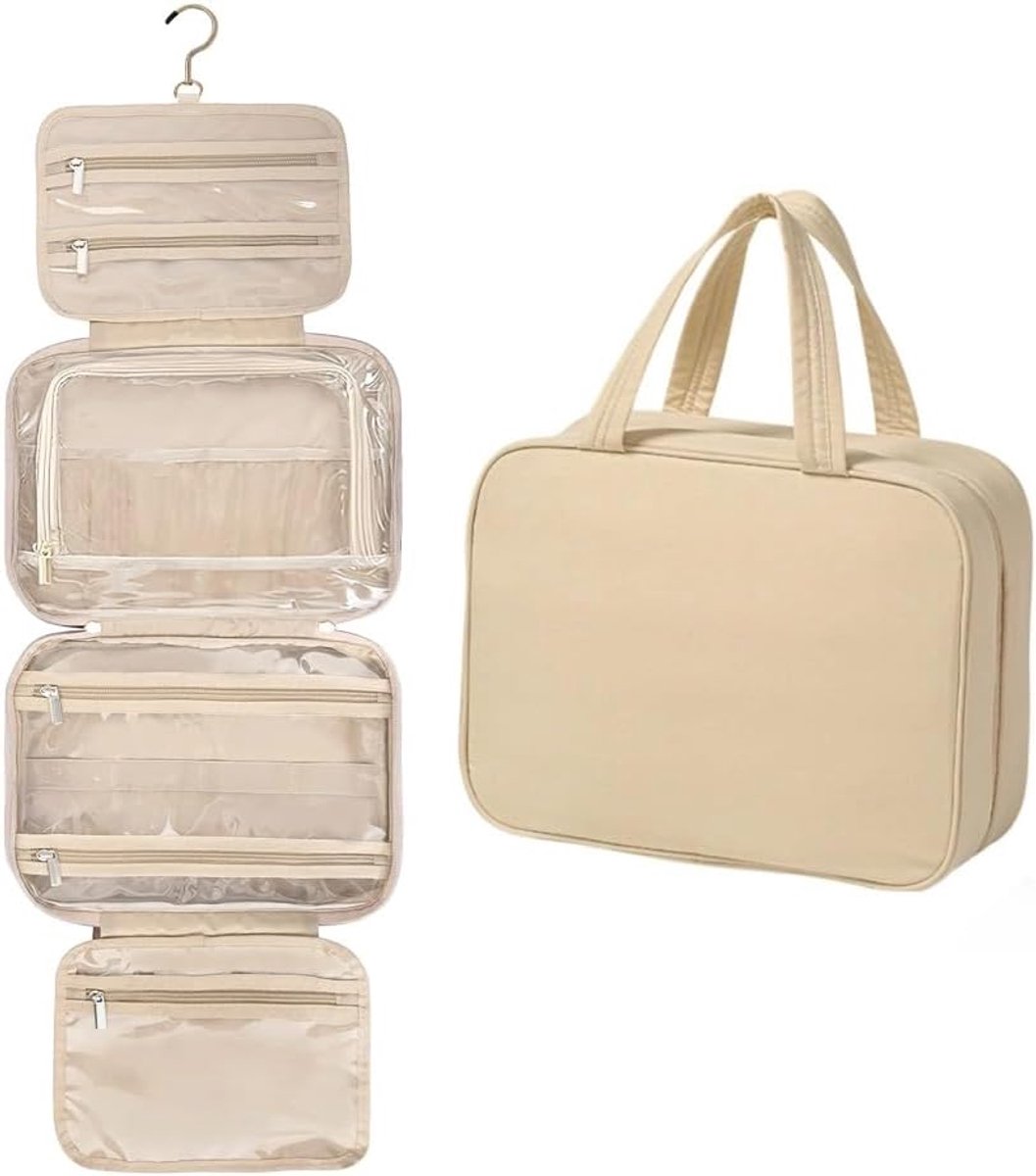 hangende cosmeticatas, badkamerorganizer met meerdere vakken, perfect voor reizen en dagelijks gebruik, zwart, 30 × 22 × 12 cm, Beige, 30x22x12 cm, modern