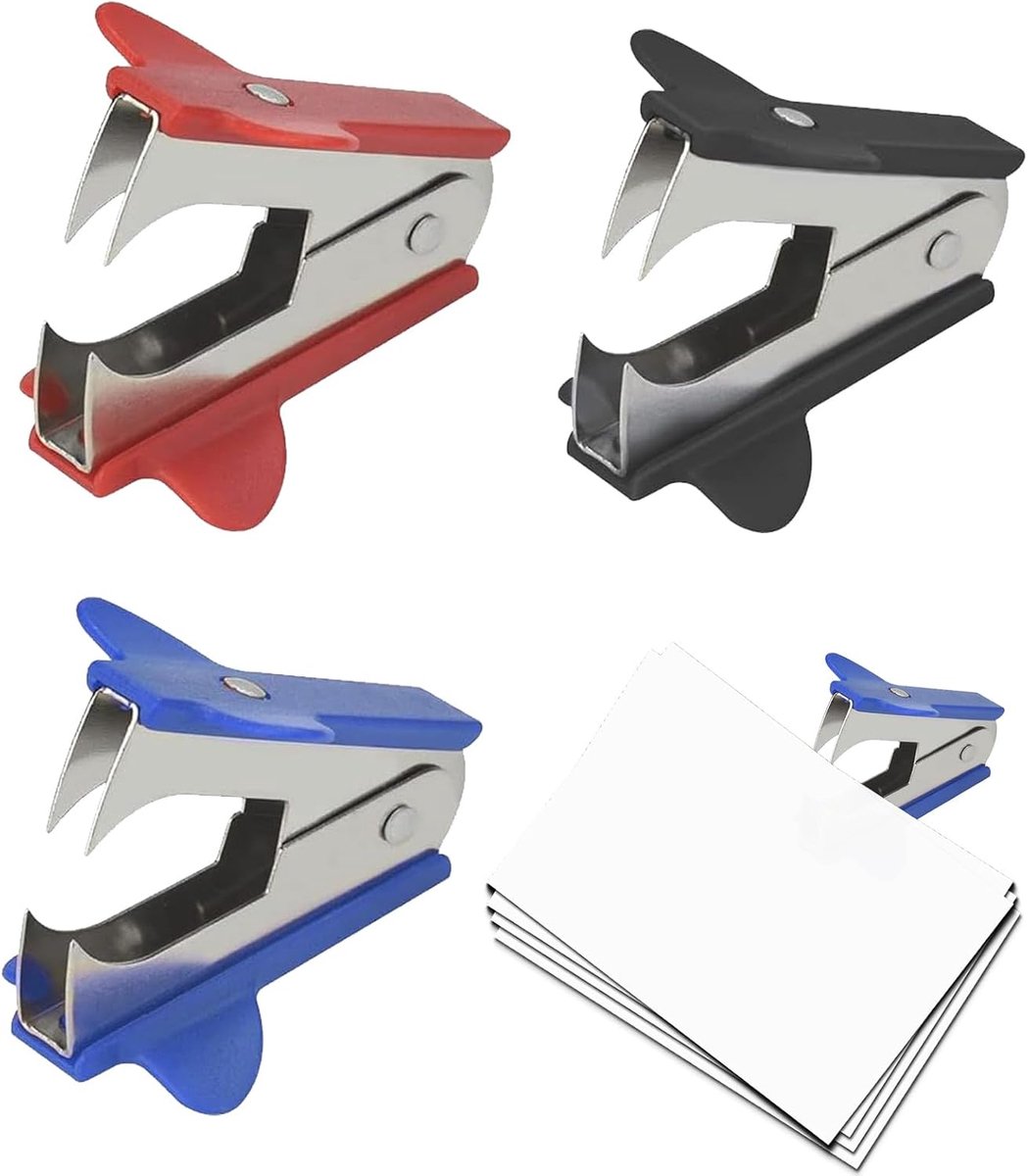 3 stuks nietjes, clipverwijderaar, briefopener, stapelaar, rood, blauw, zwart, geschikt voor dagelijks gebruik op kantoor en thuis