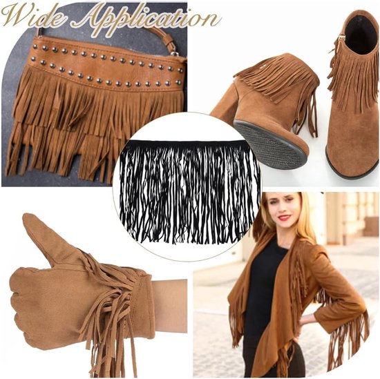 2,18 Yards Suede Fringe Trim Zwart Dubbelzijdig Lederen Kwastje Western Fringe Trim Cowboy 31 cm Breed Naaien Franje Trim voor Ambachten DIY Naaien Jurk Ambachten Rok Decoratie — afbeelding 4