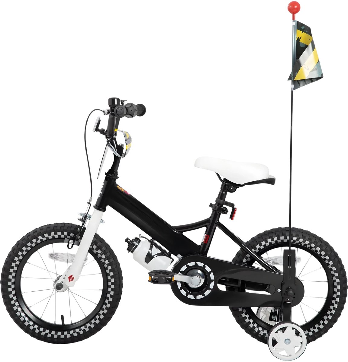 Happiq Kinderfiets – Voor meisjes 2–7 jaar – Met poppenfietszadel streamers vlag en nummerplaat – Black-14 Inch