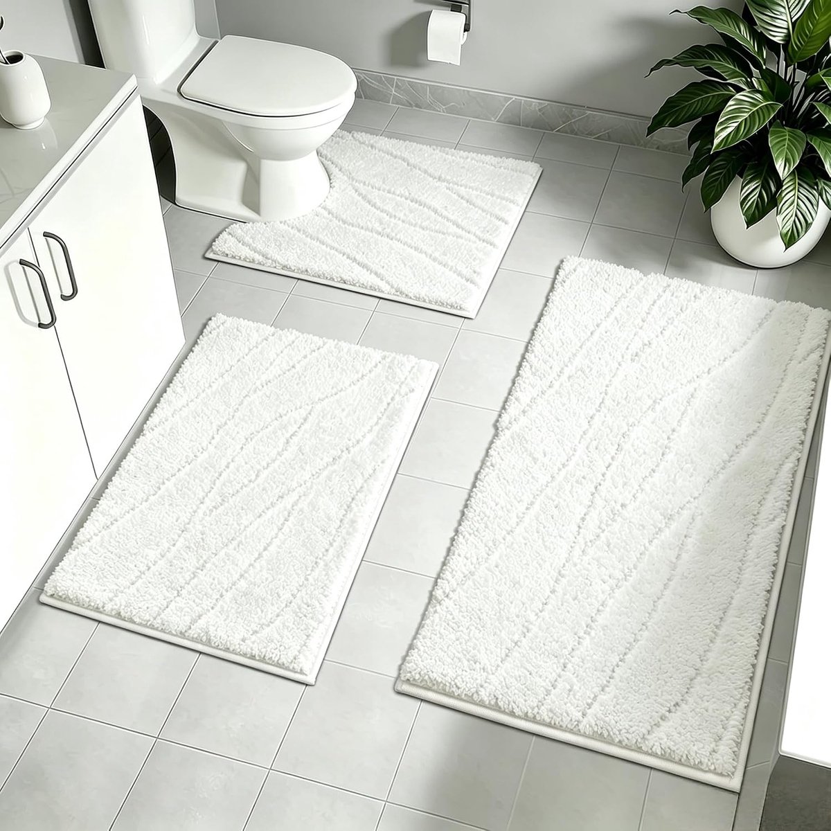 SnelShoppen - Badkamermatset 3-delig, Antislip Microvezel Badmatten, Wasbare U-vormige Badmat en Toiletmat voor Badkamer, Toilet en Badkuip, Wit