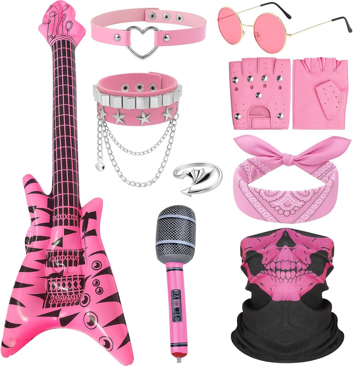 Punk Rockstar Fancy Dress Gothic Rocker Kostuumset, Armband Ring Opblaasbare Gitaar, Rockstar kostuumset met handschoenen Zonnebril Bandana Tattoo Mouwen Armband Ring Opblaasbare Gitaar