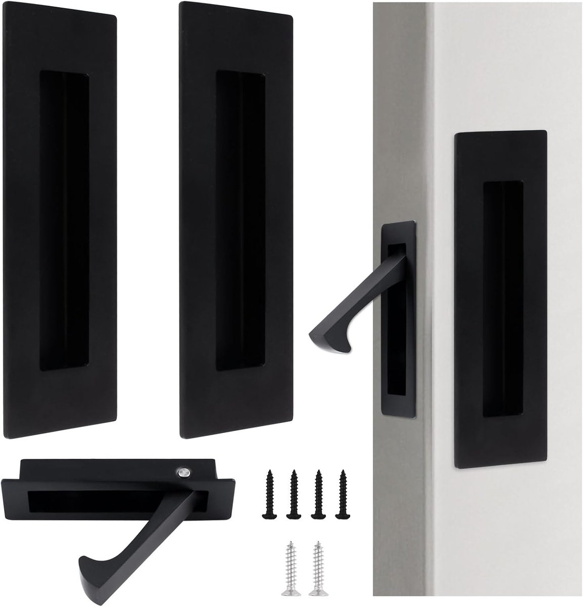 1 stuks inbouw deurtrek en 2 stuks 6 inch randtrekkers roestvrij staal verzonken zak deurgreep set schuifdeur pull hardware voor kast (zwart, groot formaat)
