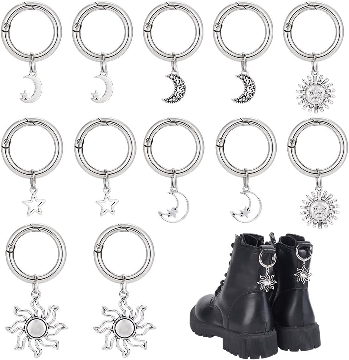 PandaHall 12Pcs 6 Stijlen Schoen Charms Zon Maan Ster Decoratieve Boot Charms Goth Punk Vintage Stijl Legering Bedel Voor Sneakers Sandalen Mannen Vrouwen Schoen Accessoires Sleutelhanger Maken