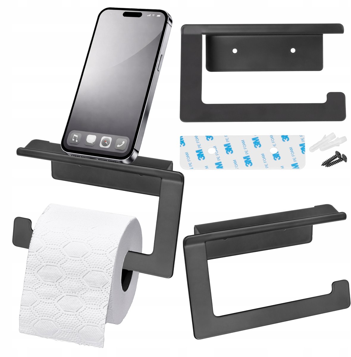 Zwarte Toiletrolhouder met Telefoonplank - Zelfklevend & Schroefbaar