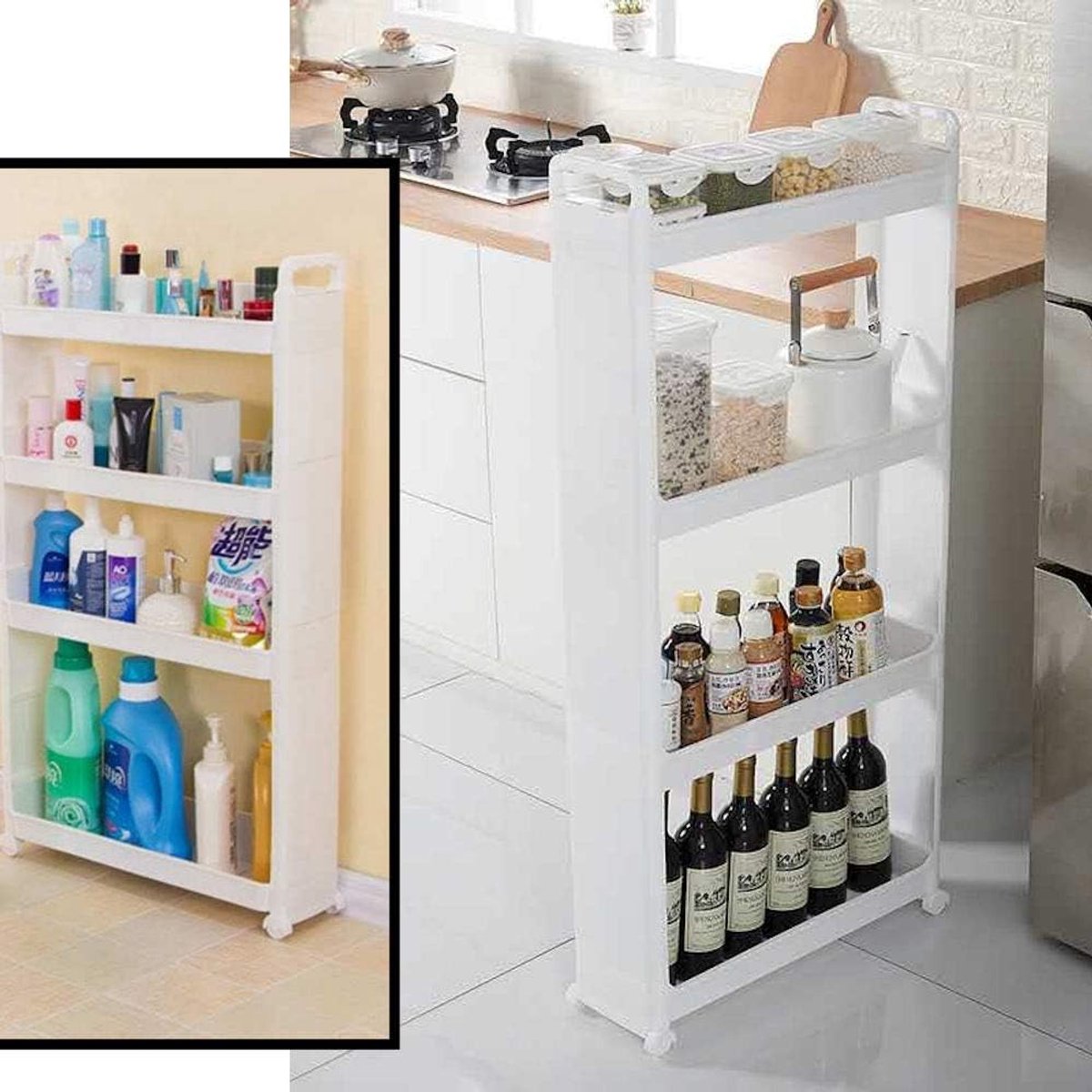 Opbergrek 4 laags op Wieltjes met Open Vakken - Smal Opberg Rek Organizer voor Keuken / Badkamer - Nisrek - Verrijdbare Ruimtebesparende Opbergkast Keuken / Badkamer kast - Opbergrekje Kunststof met wielen - Wit - Decopatent
