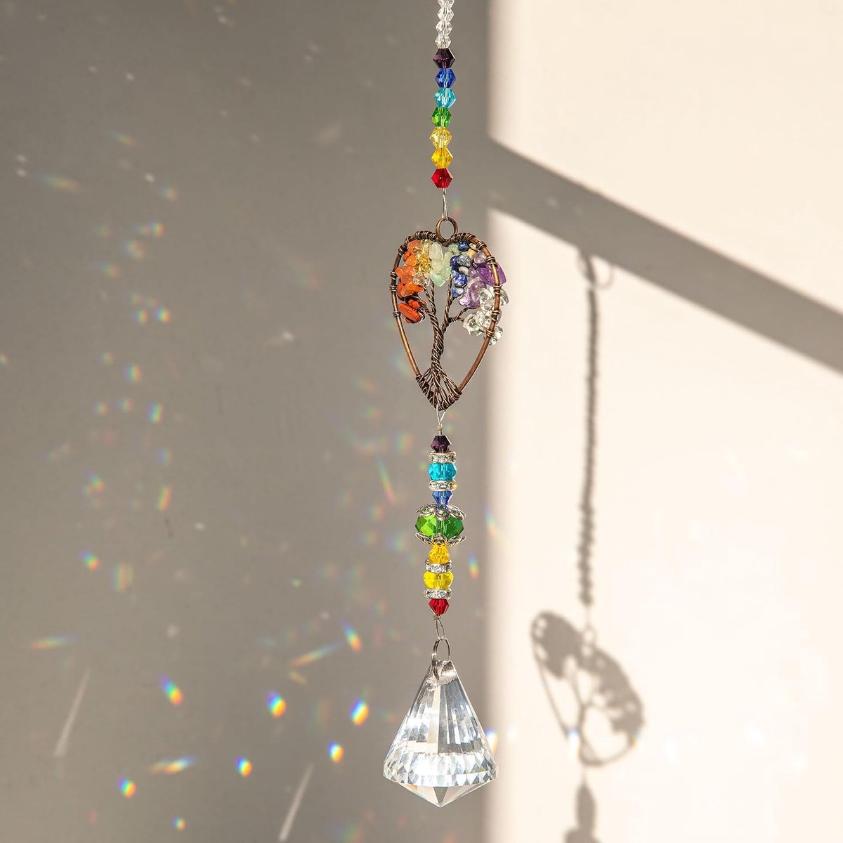 zonnevanger, 36 cm, regenboogkristal, levensboom, zonnevanger, windspel, zonnevanger, kristal, hart, decoratie, chakra, geschikt voor ramen, auto's, kantoren en tuinen