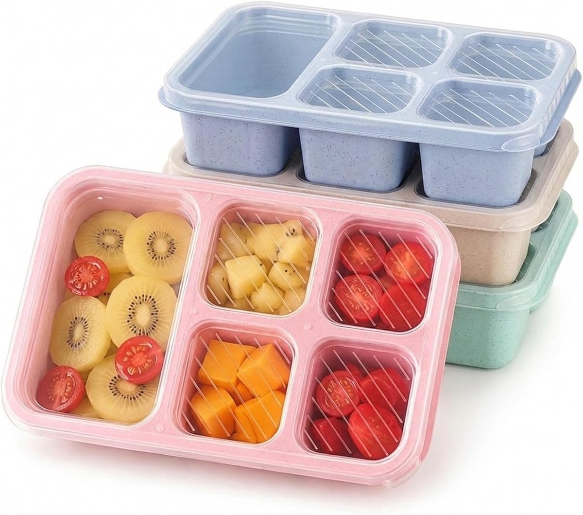 4 stuks snackdozen met deksels, 5 compartimenten snackcontainers voor maaltijdbereiding, bento-lunchbox voor kinderen en volwassenen, herbruikbare plastic snackbento-dozen voor school, reizen