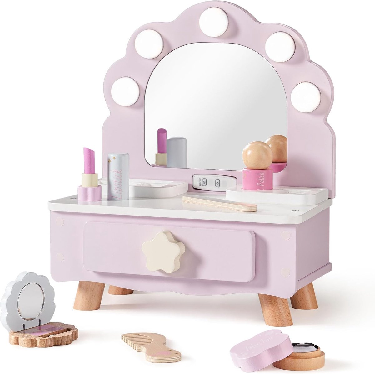 Make-up speelset voor kinderen met licht, houten kaptafel met spiegel en schminkset, kinderschmink rollenspelset, cadeaus voor meisjes vanaf 3 jaar, lichtpaars