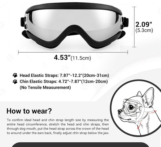 Hondenbril voor middelgrote honden, verstelbaar, waterdicht, winddicht, uv-bescherming, zonnebril voor middelgrote honden, zilver — afbeelding 5