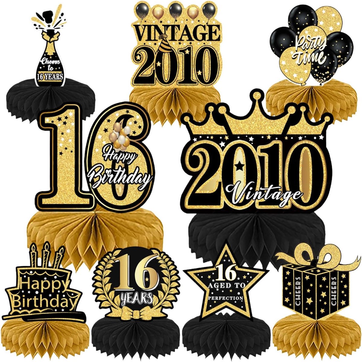 9 Stuks Zwart Goud 16e Verjaardagsdecoraties Honingraat Tafelmiddenstukken Voor Jongens Meisjes, Vrolijke 16e Verjaardag Tafeldecoratie Feestbenodigdheden 16.