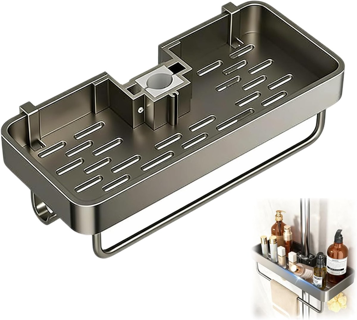 Doucheplank Zonder Boren, Multifunctionele Douchemand, Ophangen Zonder Boren, Aluminiumlegering, Stabiel, Antislip, voor Ronde Douchestangen Met Een Diameter Van 18 Mm - 25 Mm (Grijs)