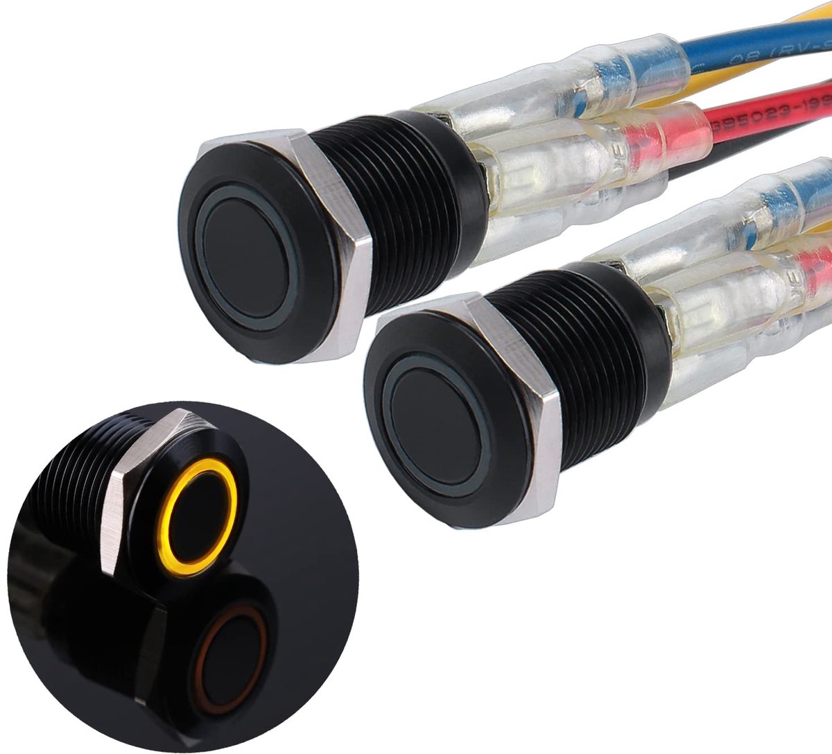 2× 12mm Momentary drukschakelaar, 12V 24V 2A waterdichte drukknop schakelaar van metaal, IP66 1NO Momentan zwarte drukknop met LED-verlichting, verbindingsdraden voor motorfiets, boot, vrachtwagen, RV (geel)