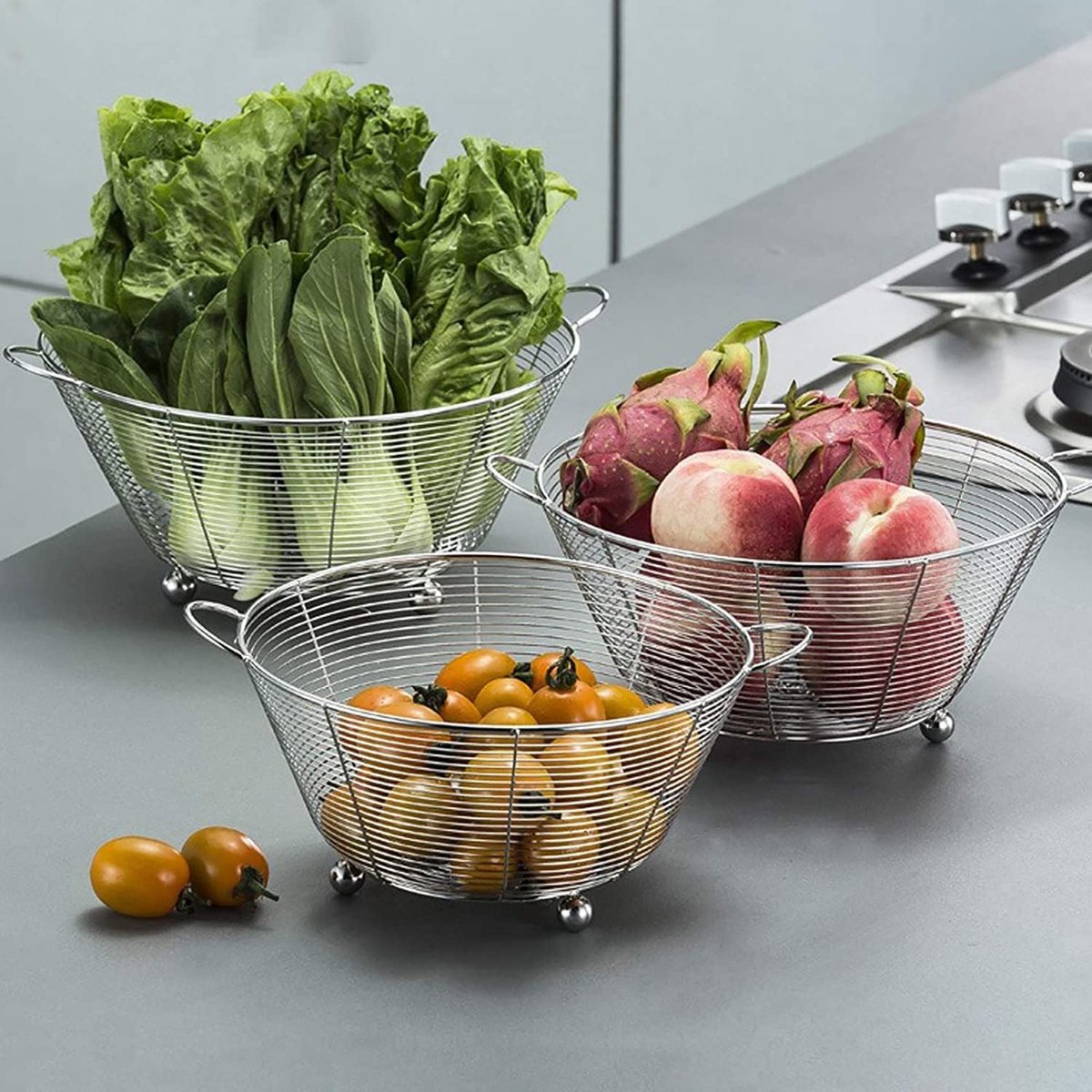 fruitmand, ronde 304 roestvrij staal grote mesh fruitschaal mand kom, opslag schotel houder voor keukenaanrecht, brood, fruit, snacks, snoepjes, groenten (11,8 in/30 cm)