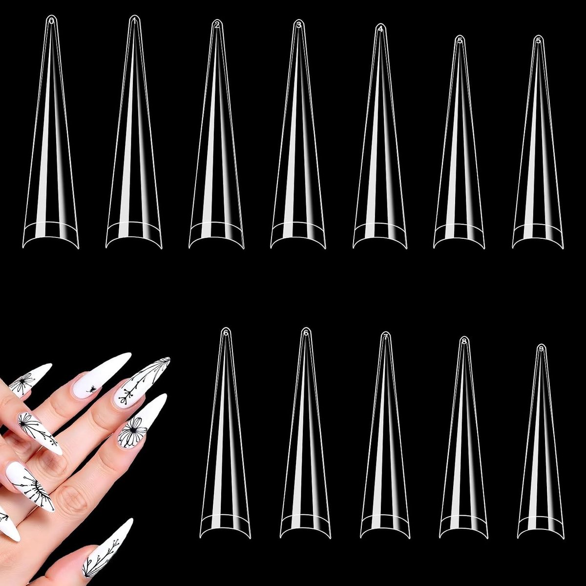 600 stuks kunstnagels, extra lange transparante kunstnagels, conische nageltips, acryl, volledige dekking, kunstnagels, stilet, nageltips voor dames en meisjes, nail art, doe-het-zelf ballerina