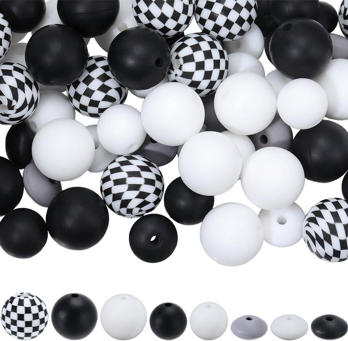 100Pcs 8 Stijlen Zwart Wit Siliconen Kralen Focal Bead Kit Zacht Rubber Rond Raster Tartan Print Patroon Abacus Losse Spacers Voor Sieraden Maken Armband Sleutelhanger Pen DIY Craft