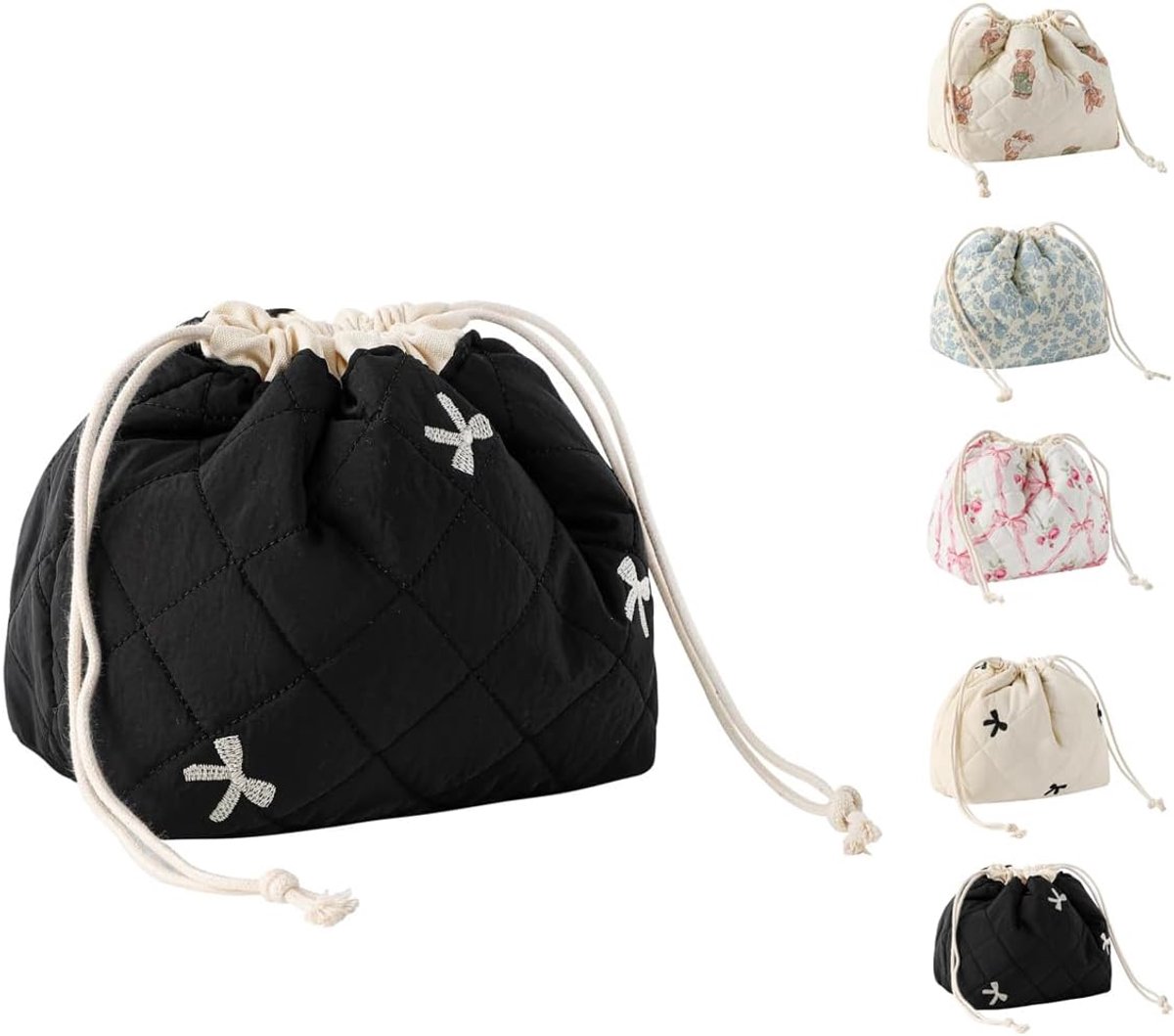 Toilettas voor dames, gewatteerd, van katoen, met trekkoord, stoffen tas voor make-up, reizen, canvas tas, cadeau voor vrouwen en meisjes, Zwarte strik, Stijlvol