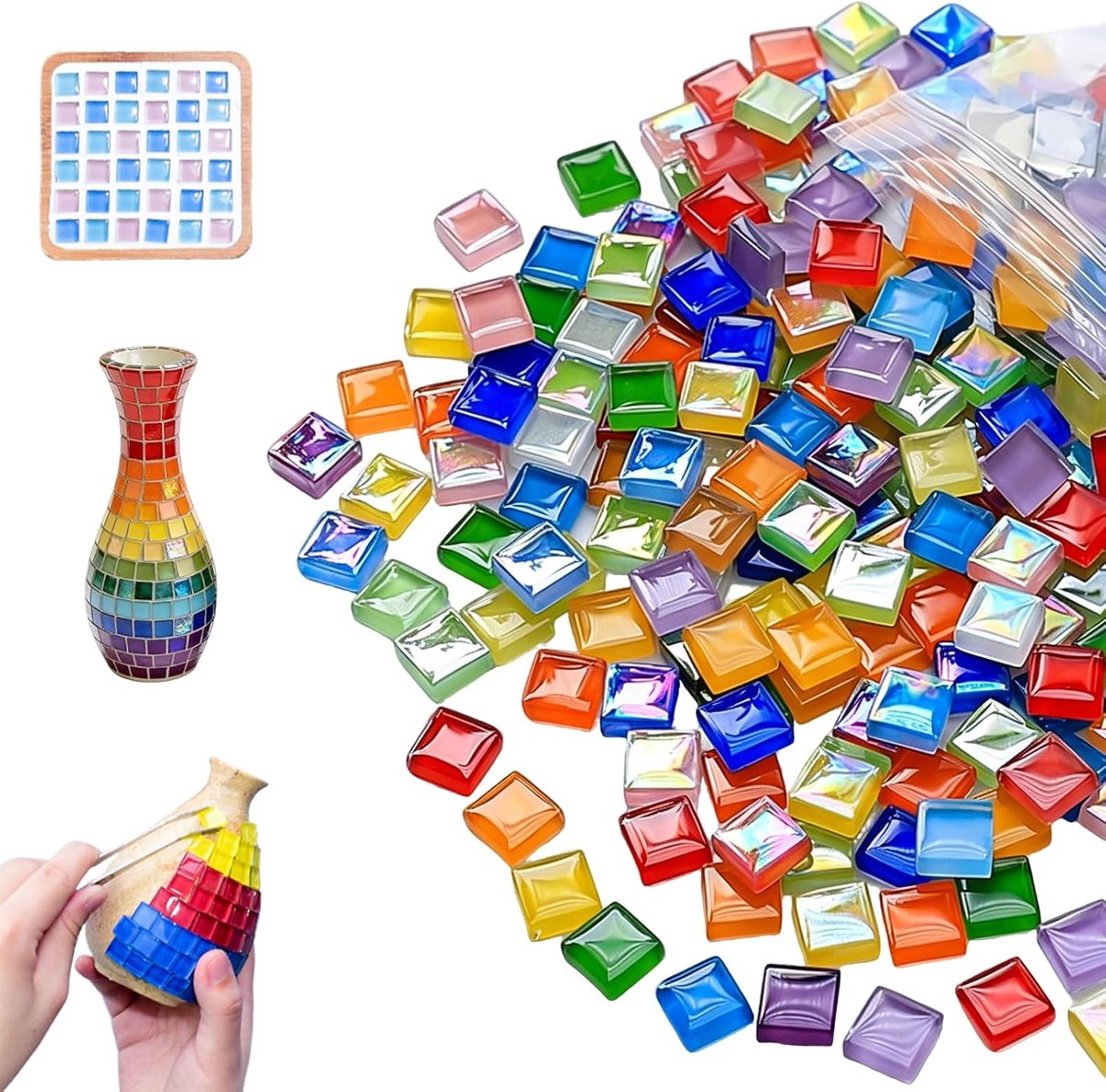 Mozaïekstenen om te knutselen, glazen mozaïekstenen vierkant 1x1cm, 1kg | Mozaïekstenen, glazen mozaïekstenen, vierkant, voor binnen en buiten, badkamer, keuken, woondecoratie, mix kleur