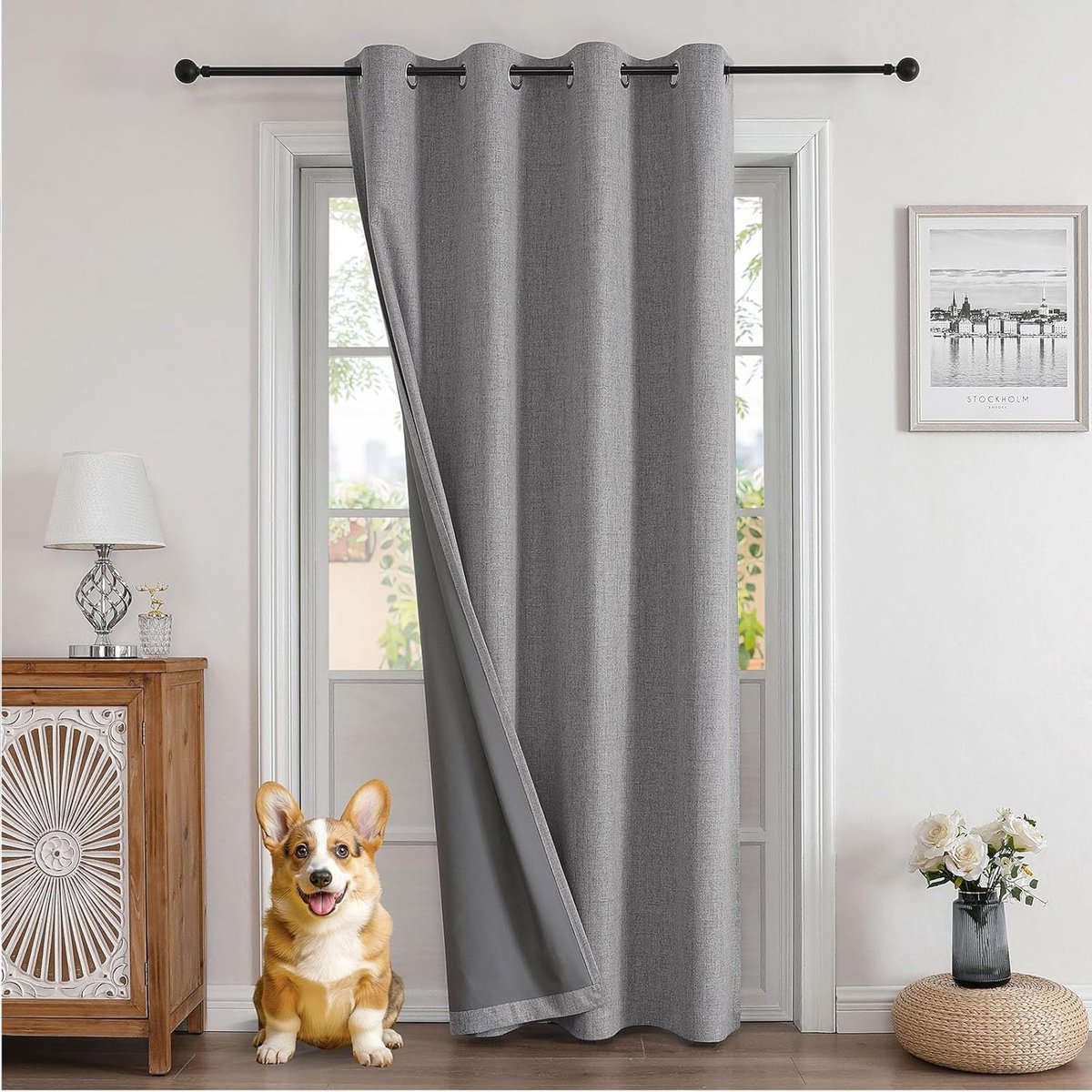 100% ondoorzichtige gordijnen, verborgen linnenlook, deurgordijn, verduisteringsgordijnen met ringen, thermische koudebescherming, hittebescherming, voor slaapkamer en woonkamer, lichtgrijs