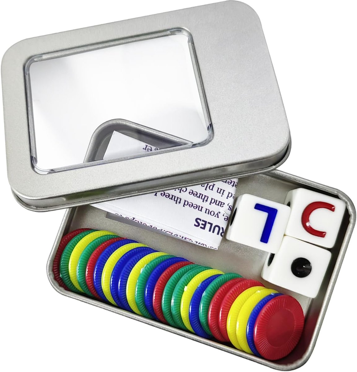 rechts midden dobbelstenen spelset, LCR dobbelstenen spel inclusief 3 dobbelstenen 40 kleurrijke chips met opbergdoos voor campingfeest picknickspel