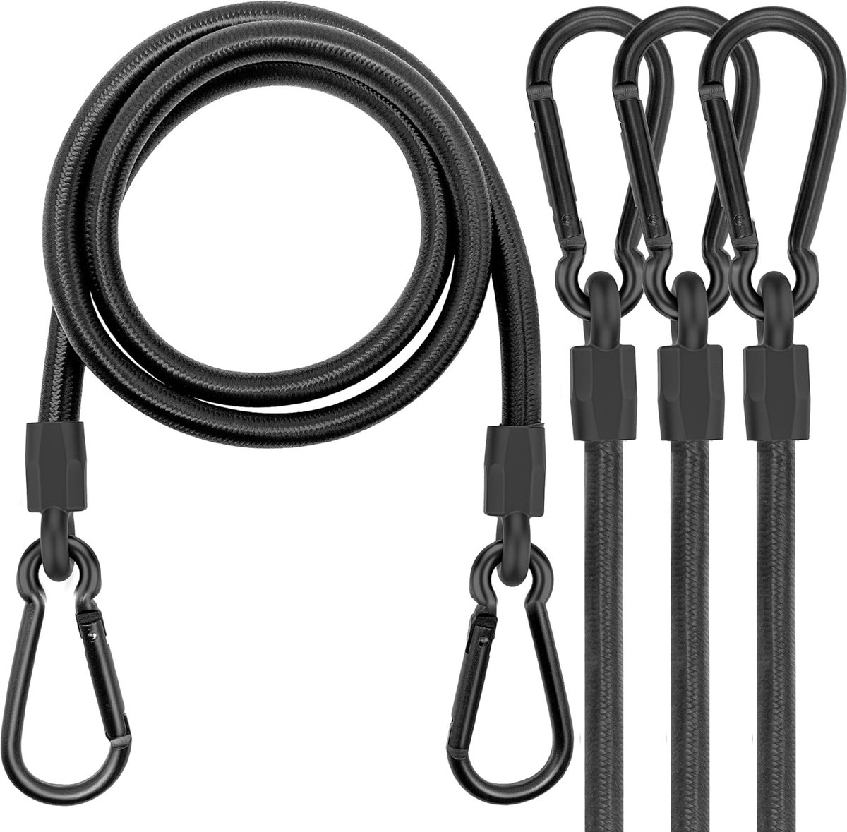 koorden met karabijnhaken, 4 lange, robuuste elastische koorden met karabijnhaken, 100 cm, sterke zwarte elastische banden met karabijnhaken voor kamperen, zeilen, fietsenrekken, tenten