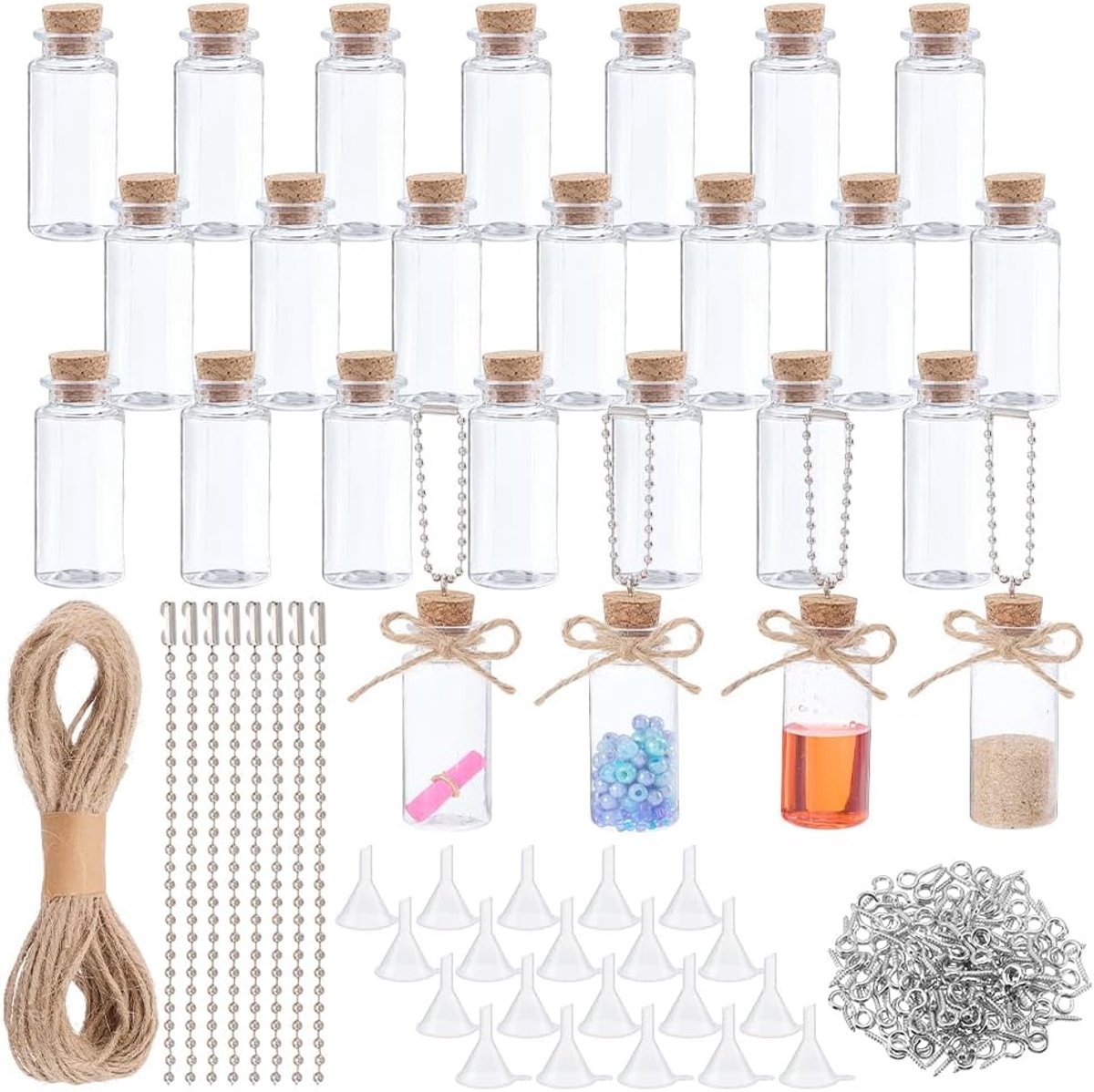Flessen van 15 ml in zuilvorm, kunststof containers met kurkstop voor decoraties, feesten, wensflessen, kunst met zand