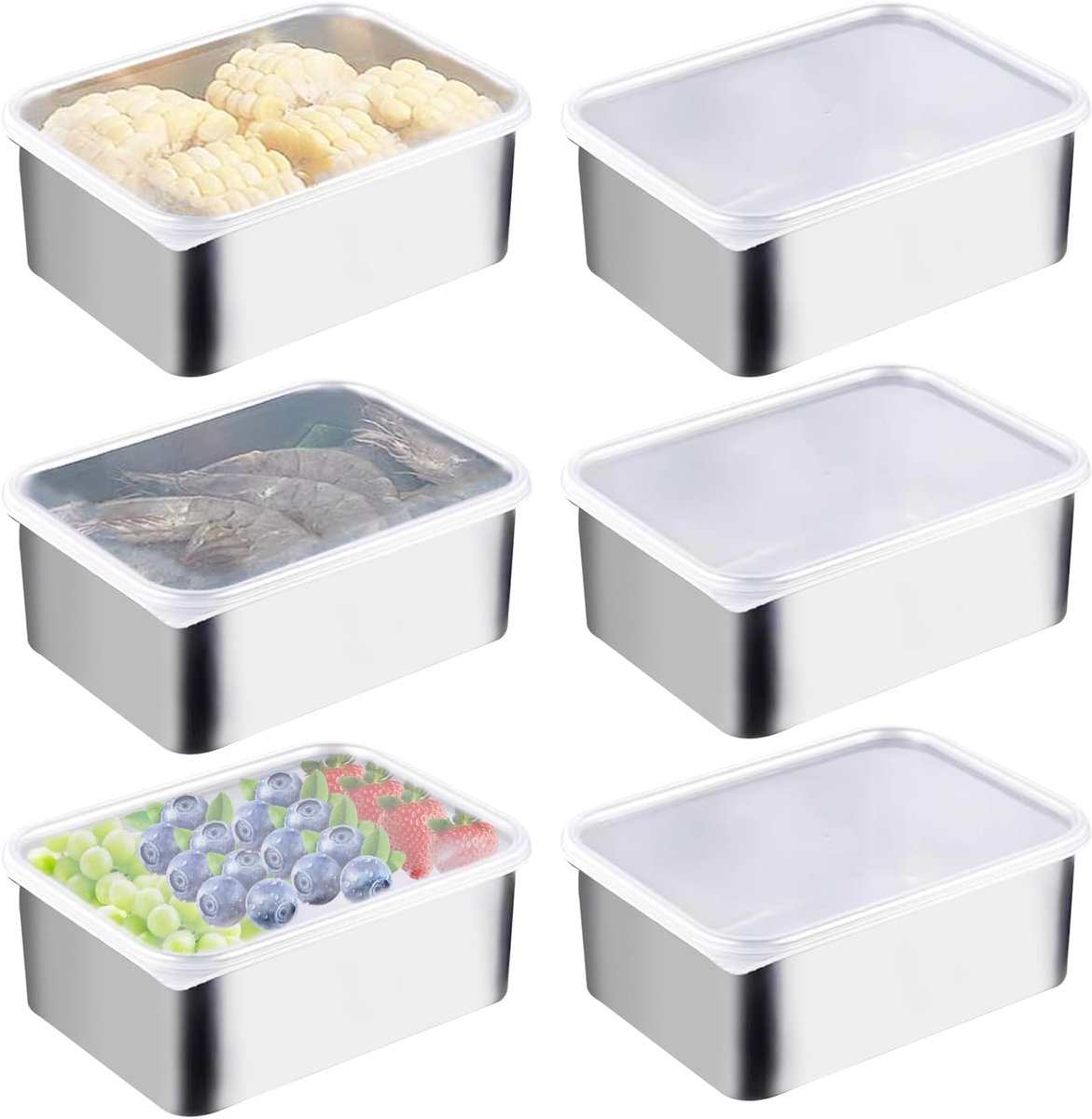 Set van 6 voedselcontainers 1200 ml, van roestvrij staal, met deksels, luchtdichte voedselcontainers, stapelbaar, voor de koelkast, vriezer, op reis, witte kleur