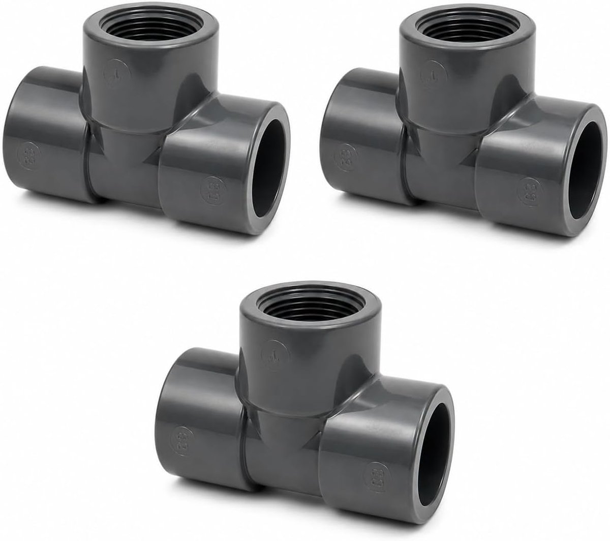 T-stuk 90° PVC-U 50 mm x 1/2 inch x 50 mm lijmmof x binnendraad x kleefmof, 10 bar, grijs (50 mm x 1/2 inch x 50 mm, 3 stuks)