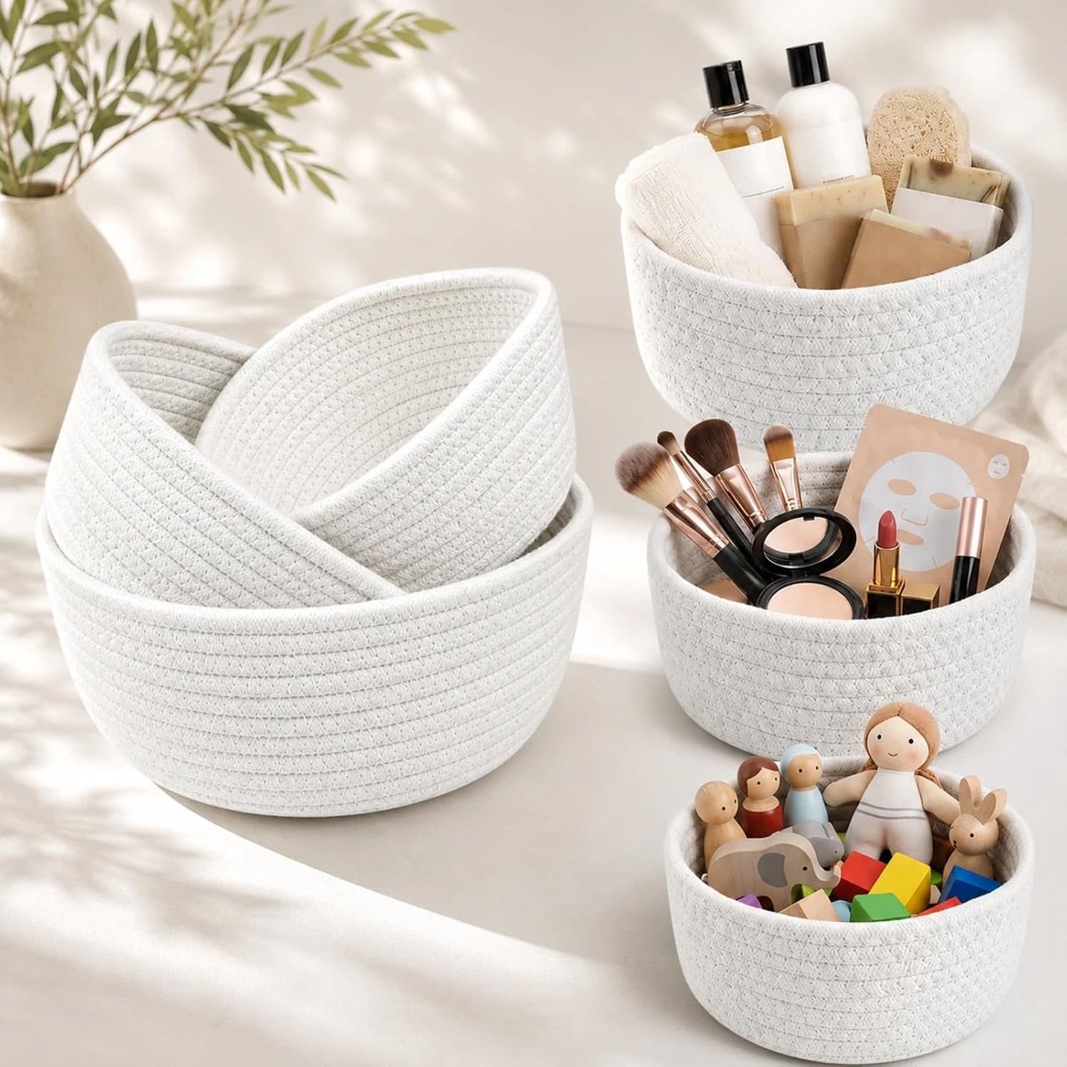 Set van 3 opbergmanden, gevlochten katoenen touw, rond, stapelbaar, in 3 maten, wit, handgemaakte plankmand voor woonkamer, kinderkamer, badkamer, organizer voor speelgoed, snacks en cosmetica