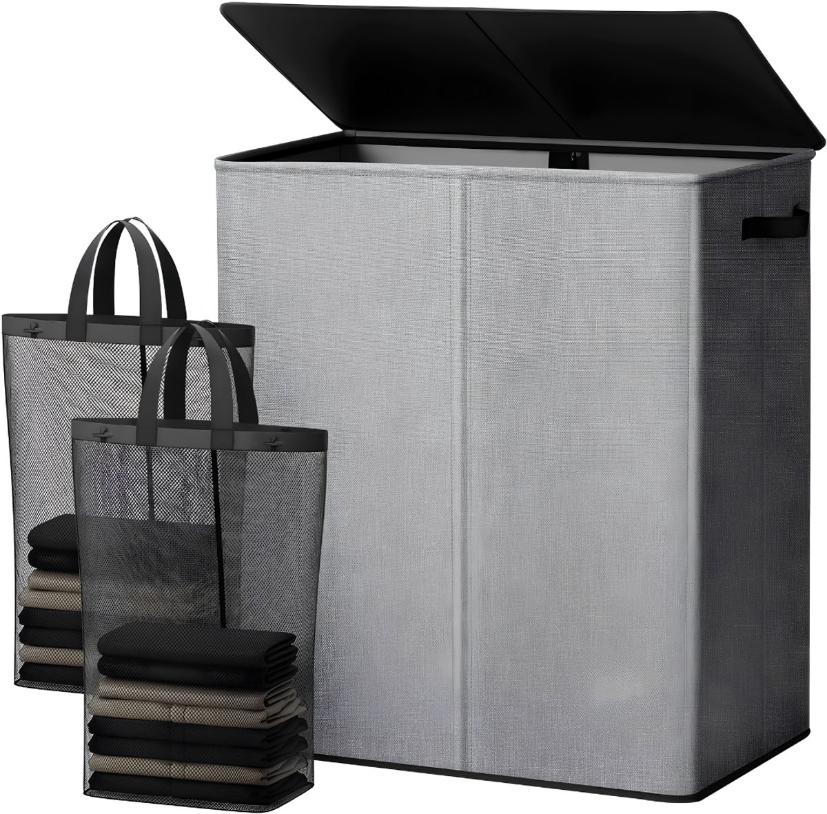 VALI® Wasmand - 145L - Wasmanden - Wasmand 2 Vakken - Grijs - 57cm x 38cm x 67cm