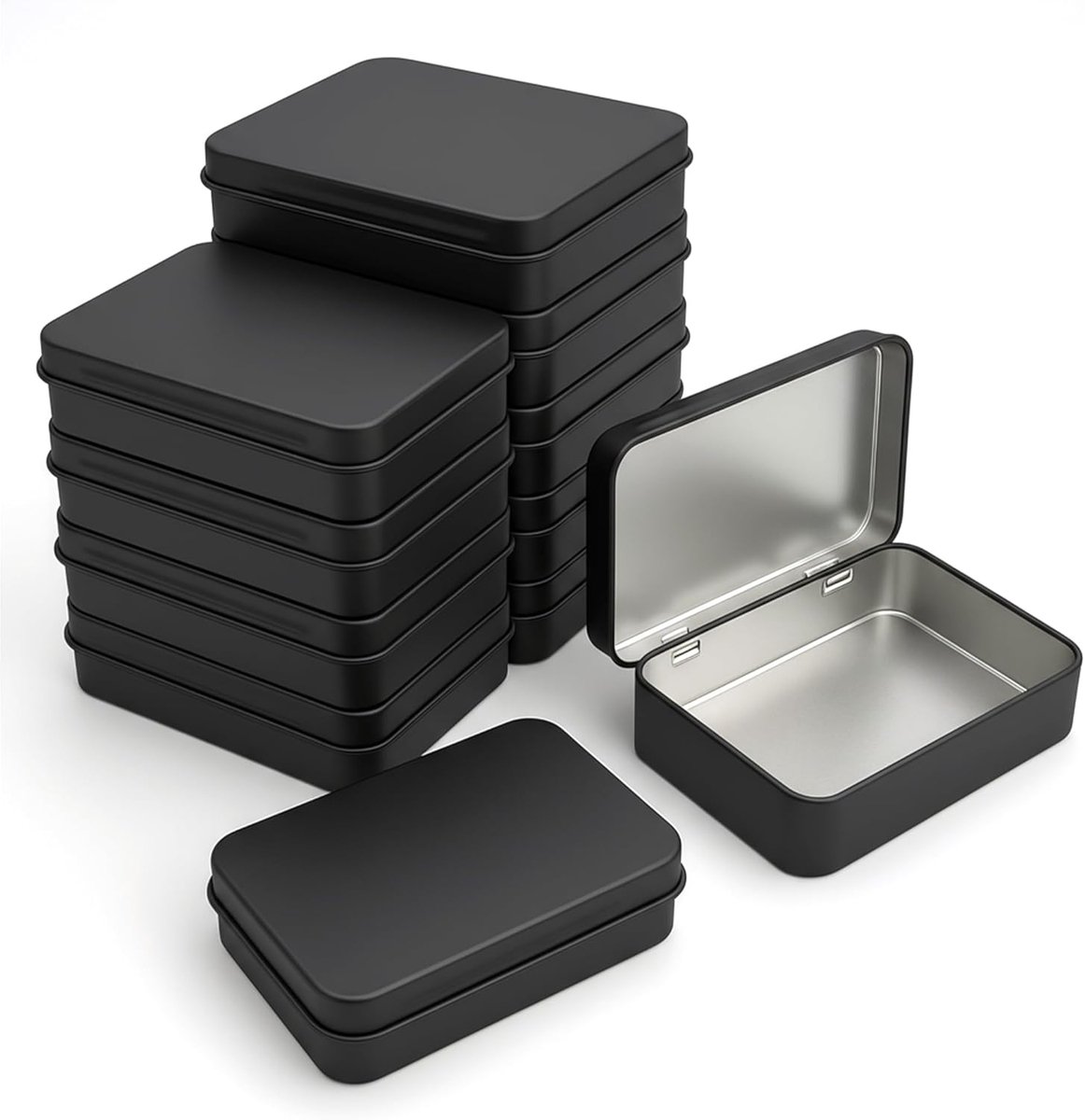 Doosjes met Scharnierdeksel (11,5 x 8,5 x 2,2 cm) – Rechthoekige Mini Opbergdoos voor Kleine Voorwerpen, Blik met Deksel, Minibox (Zwart, 12 st.)