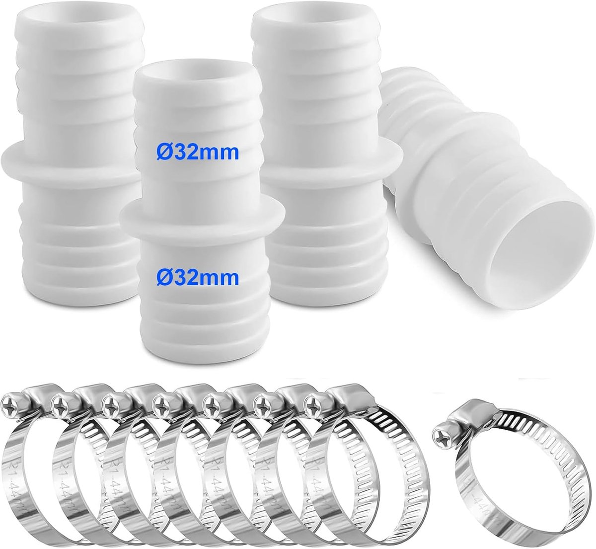 Set van 4 zwembadslangverbinders, 32 naar 32 mm, zwembadslangadapter met 8 slangklemmen, zwembadslangadapter met dubbele slangtuit