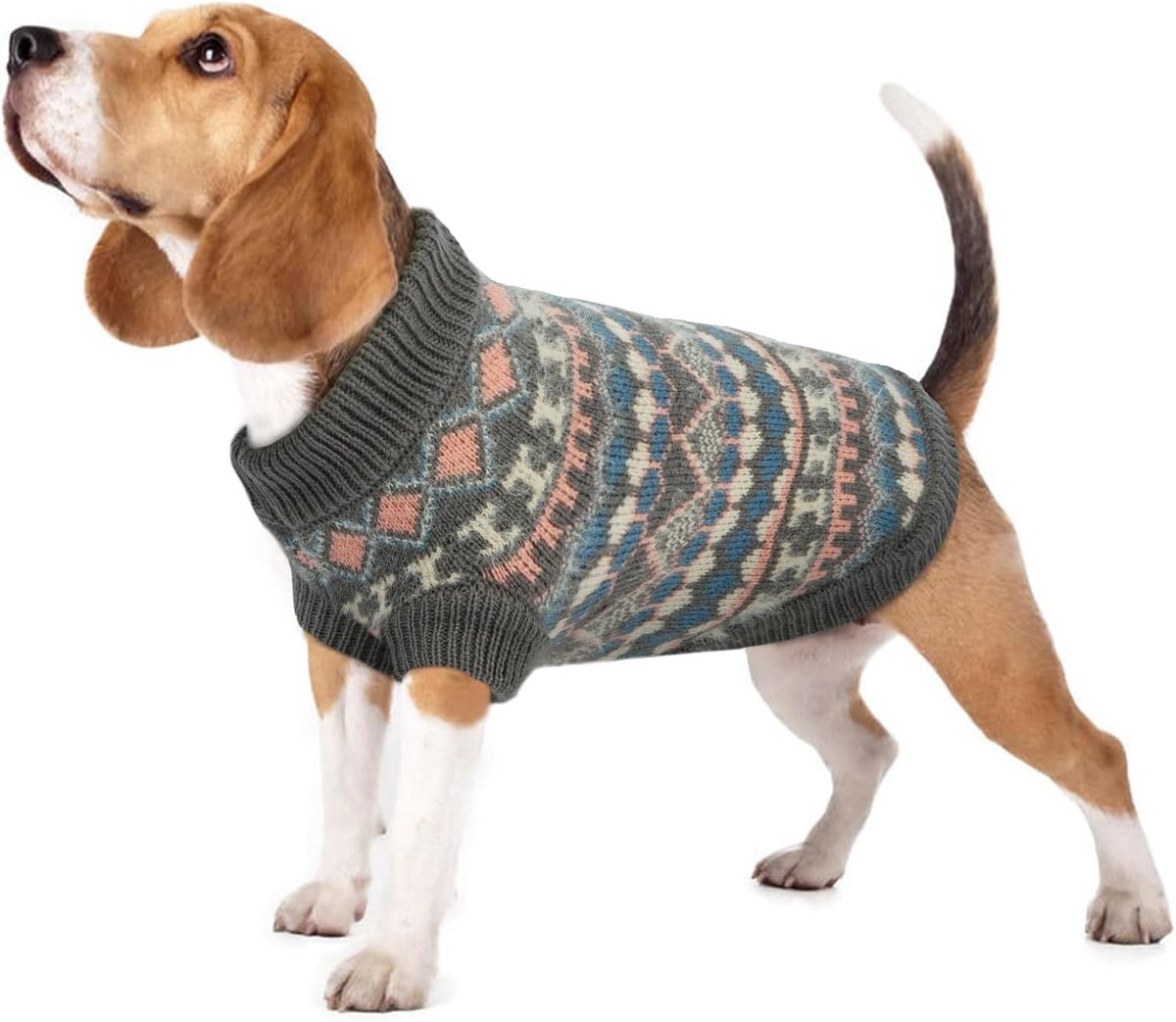 - Boho hondentrui, klein, medium groot, gebreide kersttrui met harnasgat, dikke warme winterkleding voor Franse buldog, cocker-spaniël, grijs, L