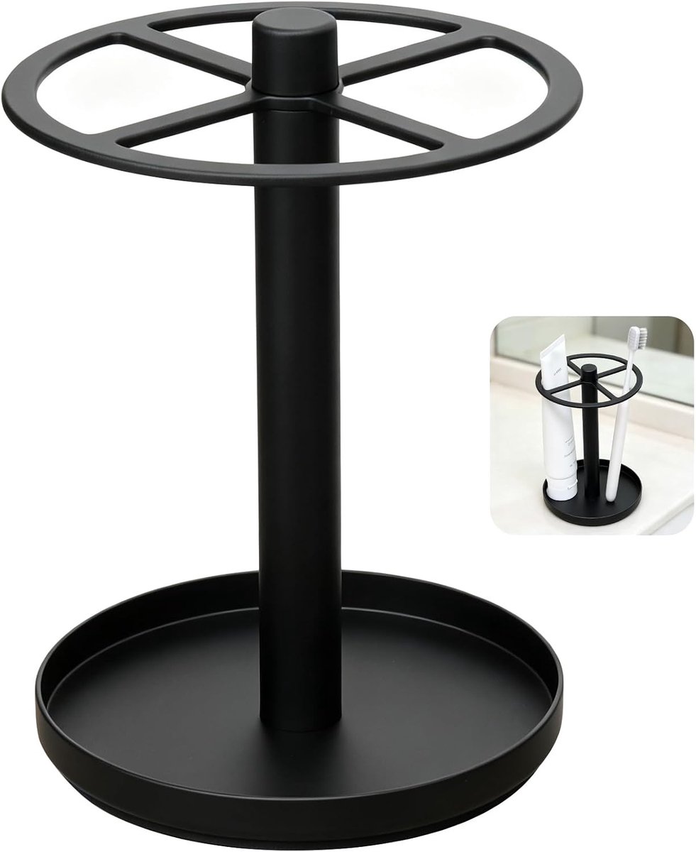 Tandenborstelhouder van roestvrij staal, zwart, staand, houder voor elektrische tandenborstel, boren niet nodig, opbergruimte voor tandenborstel en tandpasta voor badkamerorganizer, Ø 10,5 x 15 cm