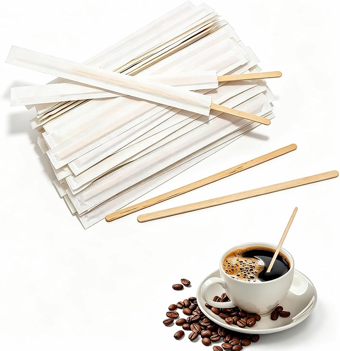 Houten roerstaafjes, afzonderlijk verpakte roerstaafjes, houten sticks voor thee en koffie, voor het roeren van thee en koffie