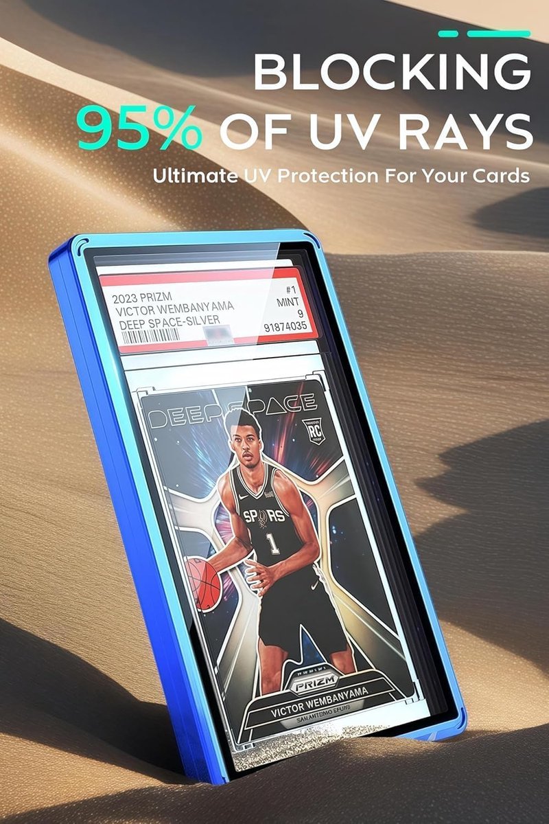 UV-beschermingsplaat voor 35 pt PSA-Graded Cards – robuust aluminiumoxideglas, meerpunts magneetsluiting, stapelbaar metalen frame, blauw