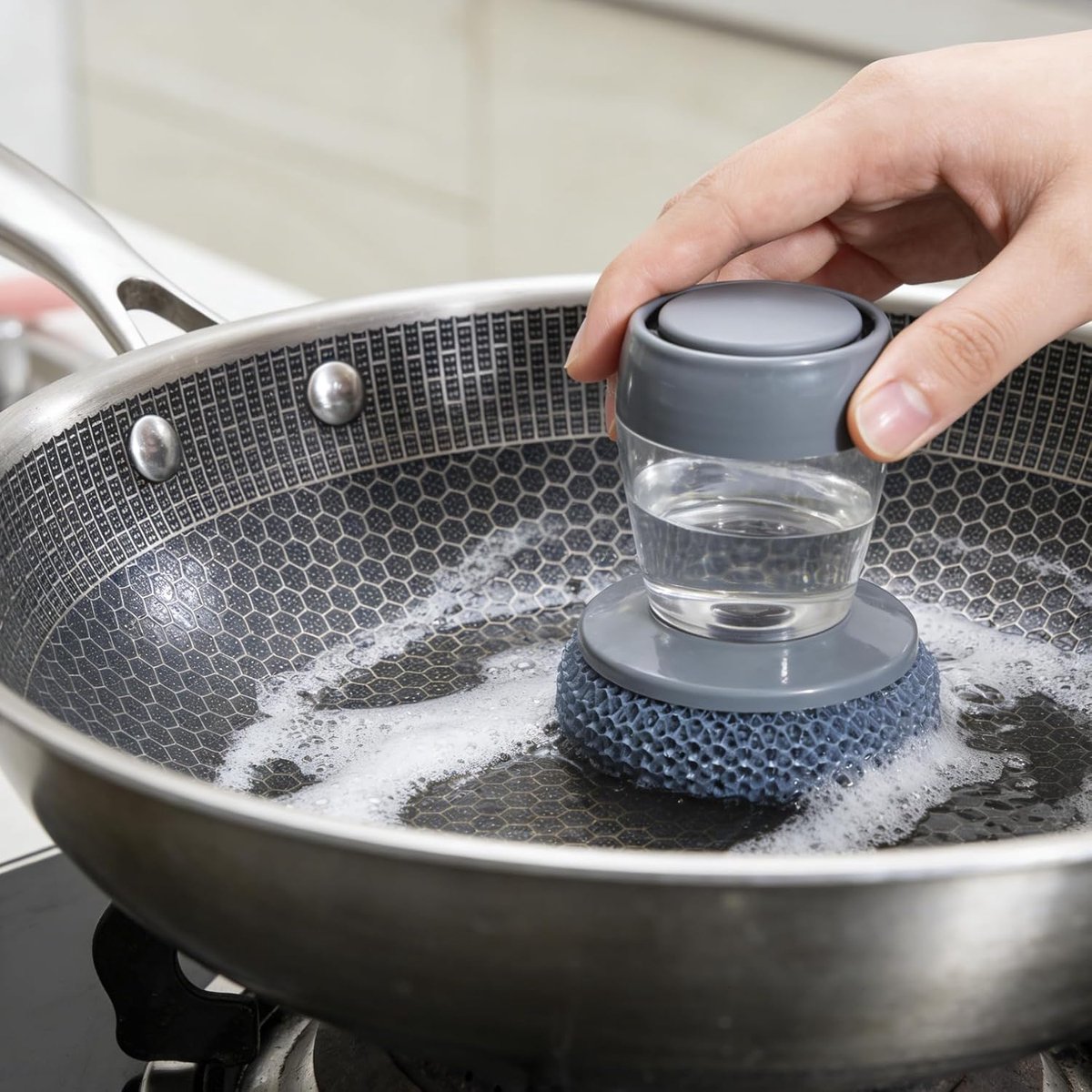 Wasmachine met verbeterde staalwol, hoogwaardige roestvrijstalen schuurspiraal, slijtvaste stalen spons, speciaal voor het reinigen van harde potten, afzuigkappen, grijs