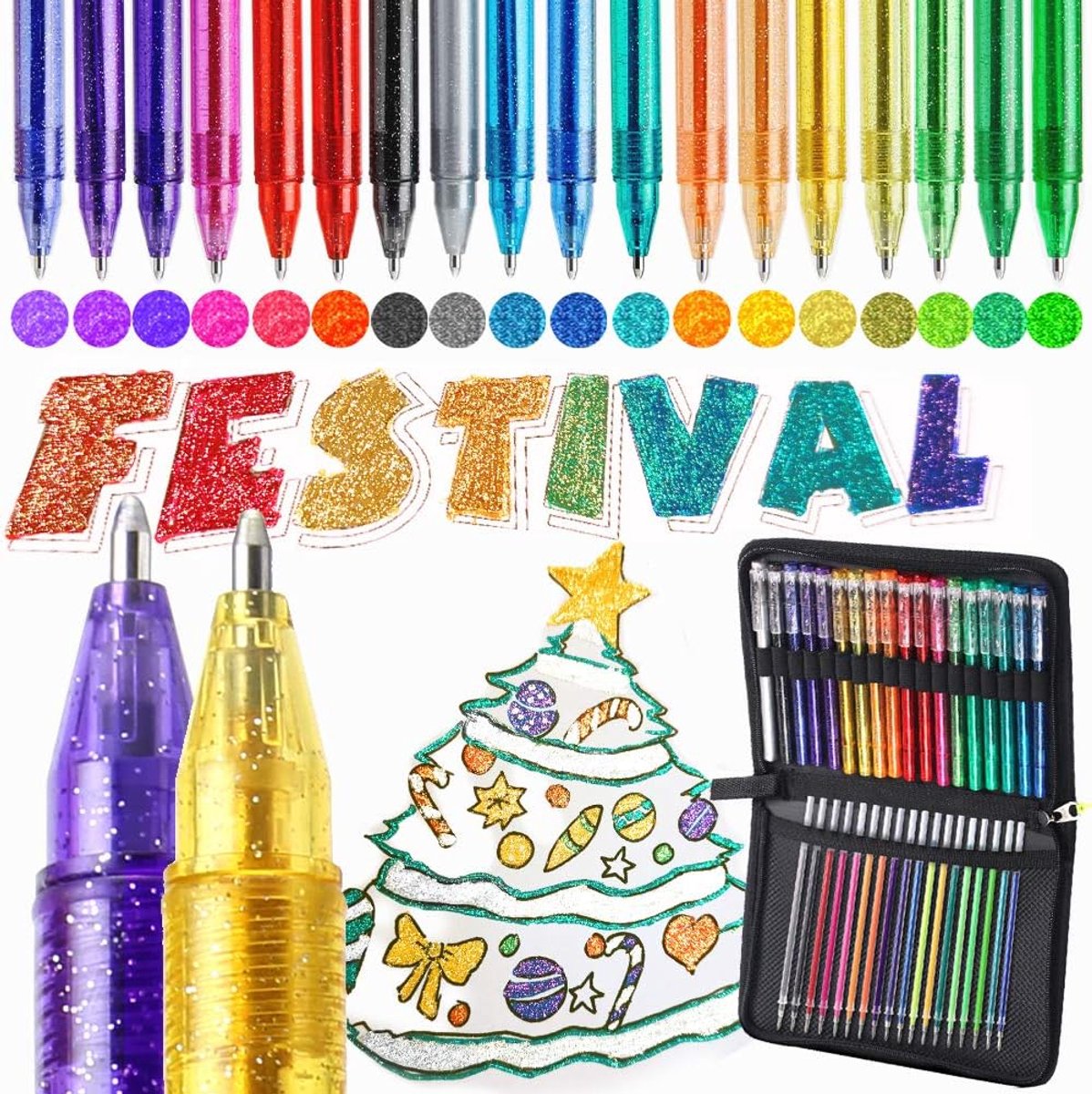Set van 36 metallic glittergelstiften, 18 kleuren glittergel pennen met 18 glitterpennen navullingen in canvas tas voor volwassenen, kleurboek, tekening, handwerk, scrapbooking, journaling