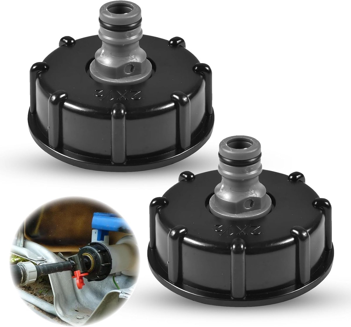 2 stuks binnendraad-adapterdeksel, adapterdop, tankadapter, grove schroefdraad, schroefdraadaansluiting, tankafdekking, tonventiel, voor tankdop, tuinkraanaansluiting, tankventiel, zwart
