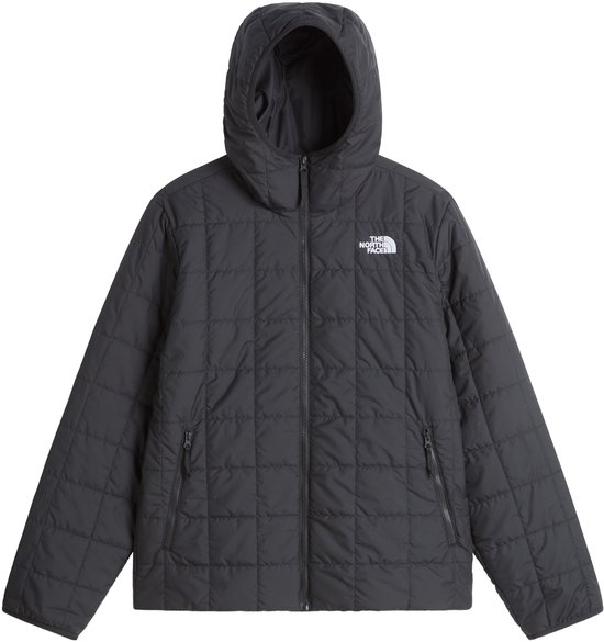Zwarte The North Face gewatteerde jas met capuchon, rits en witte logo opdruk.
