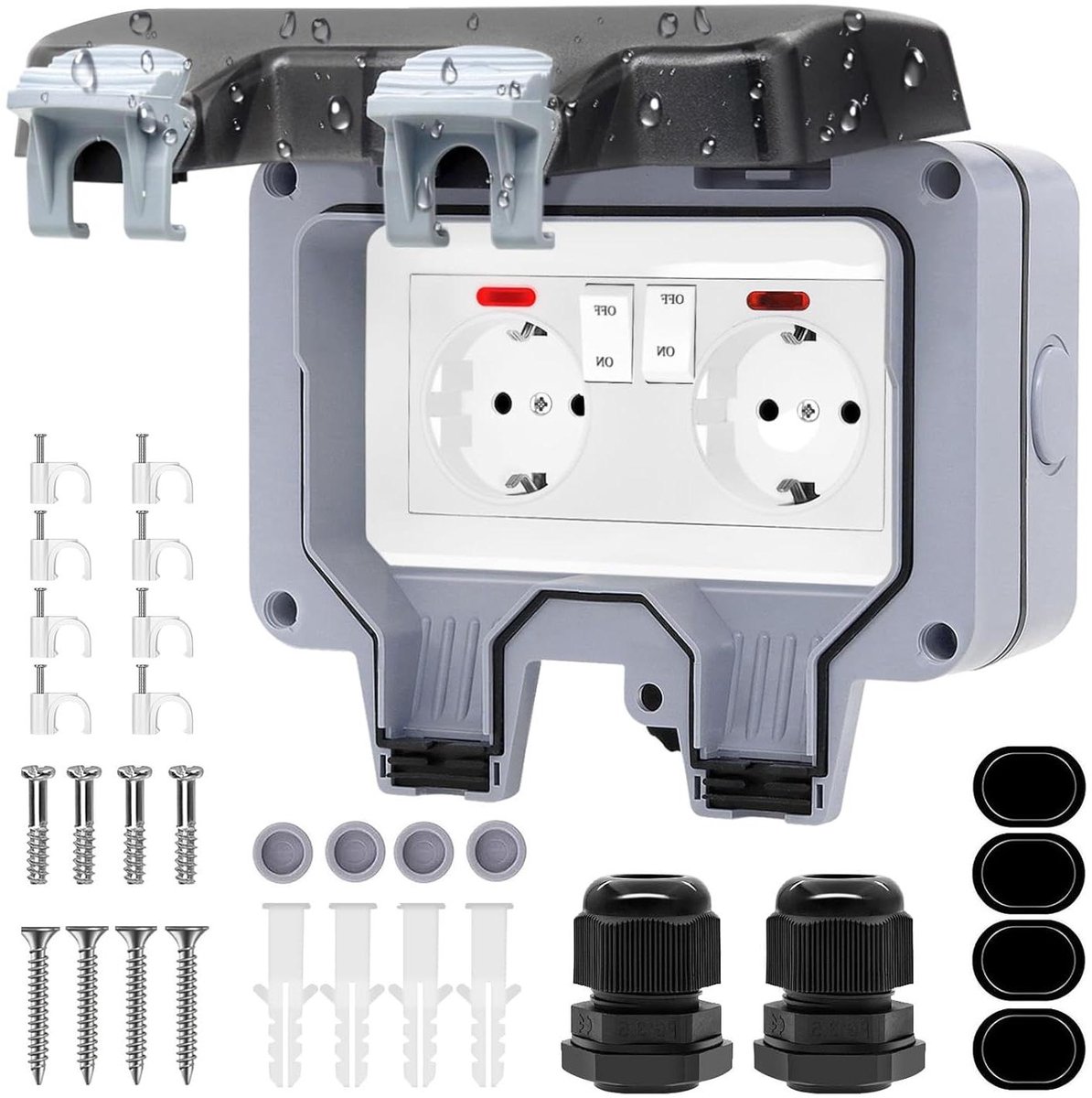Waterproof Buitenstopcontact - Wandcontactdoos Buiten - Tuin en Terras - Met Schakelaar en Indicator - IP66 - Zwart