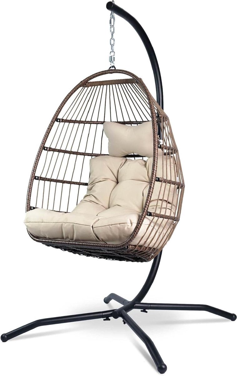 Hoge Hangstoel - Schommelstoel Buiten - Ontspannen Zitten - Uniek Boho Design - 150kg Draagvermogen - Beige
